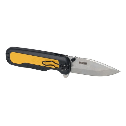 DEWALT folding pocket knife with a black and yellow handle, stainless steel blade, and belt clip.