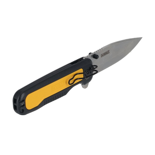DEWALT folding pocket knife with black and yellow handle and silver blade, shown on a white background.