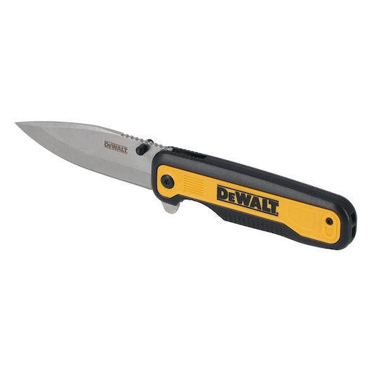 DEWALT folding knife with yellow and black handle and stainless steel blade, shown open on white background.