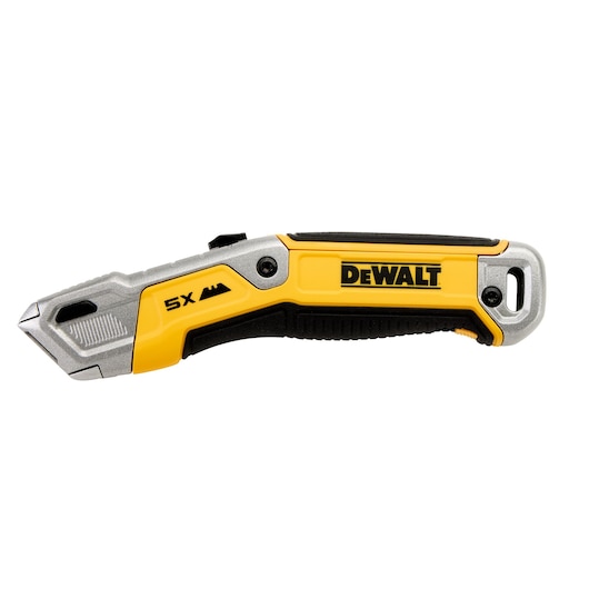 A DEWALT utility knife with a yellow and black handle, featuring a metallic end and safety guard. The knife is labeled '5X' and has an ergonomic design suited for cutting tasks.