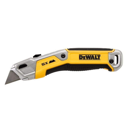 A DEWALT utility knife with a retractable blade, featuring a yellow and black ergonomic handle and marked with '5X' on the side.