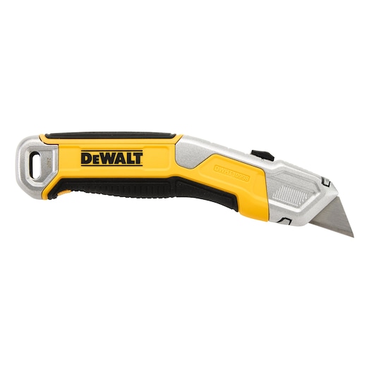 A DEWALT folding utility knife with a yellow and black handle and a retractable silver blade, shown in a side view.