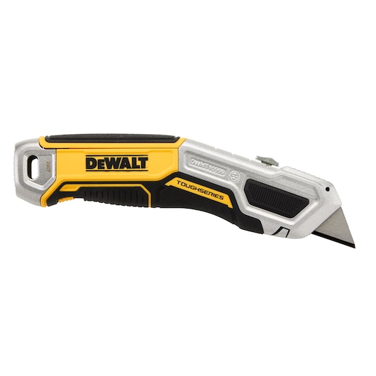 DEWALT ToughSeries utility knife with yellow, black, and silver handle, shown on a white background.