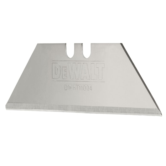DEWALT utility knife blade DWHT11004 with sharp edge and logo engraved on metal surface.