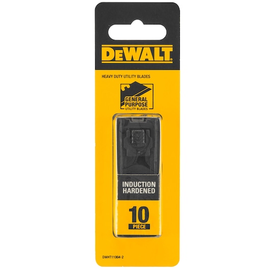 DEWALT utility blades pack, induction hardened, general purpose, 10 pieces, yellow and black packaging.