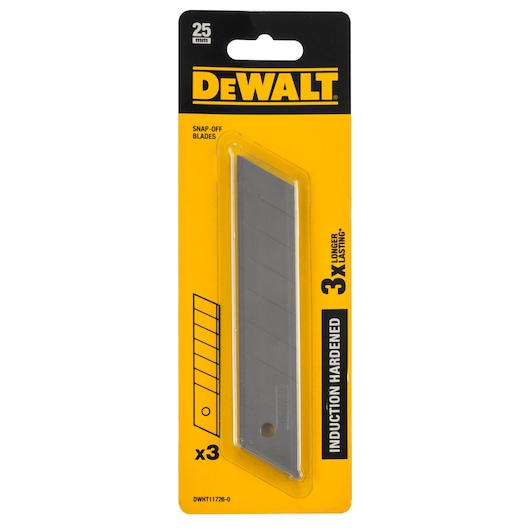 DEWALT pack of 3 snap-off blades, 25mm, in yellow packaging for utility knives, induction hardened.
