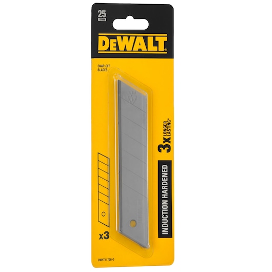 DEWALT 25mm snap-off blades pack, 3 induction hardened blades in yellow blister packaging.