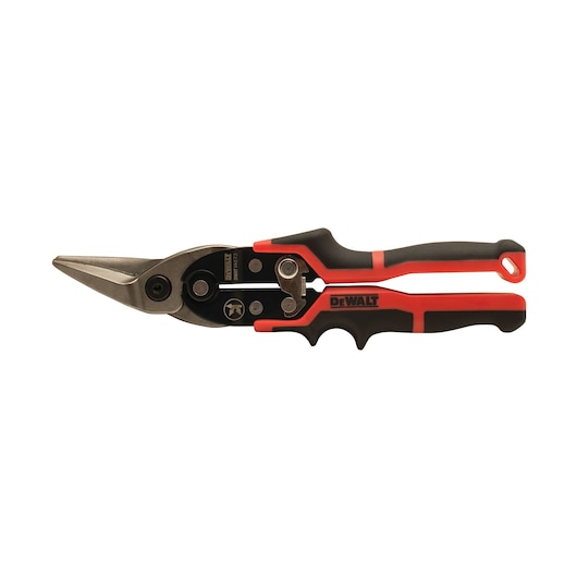A DEWALT metal cutting snip with black and red ergonomic handles, shown against a white background.