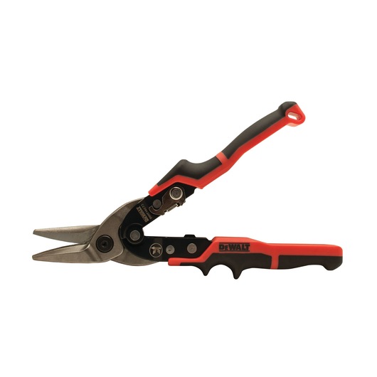 DEWALT aviation snips with black and red ergonomic handle on a white background.