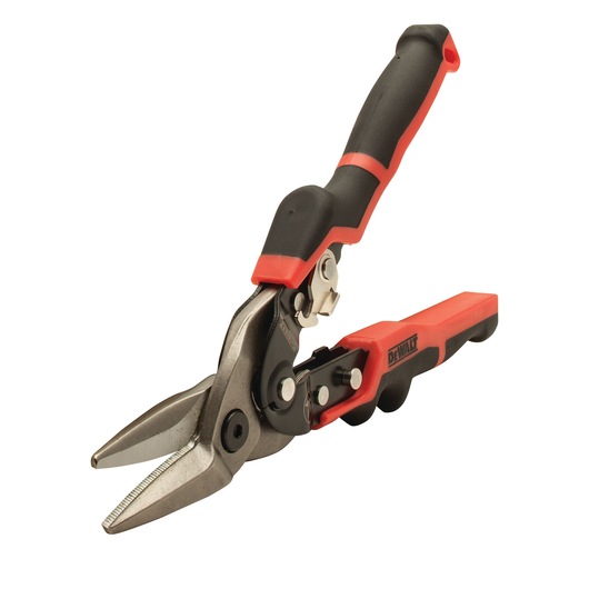 DEWALT metal cutting snips with black and red handles, designed for precise cutting tasks.