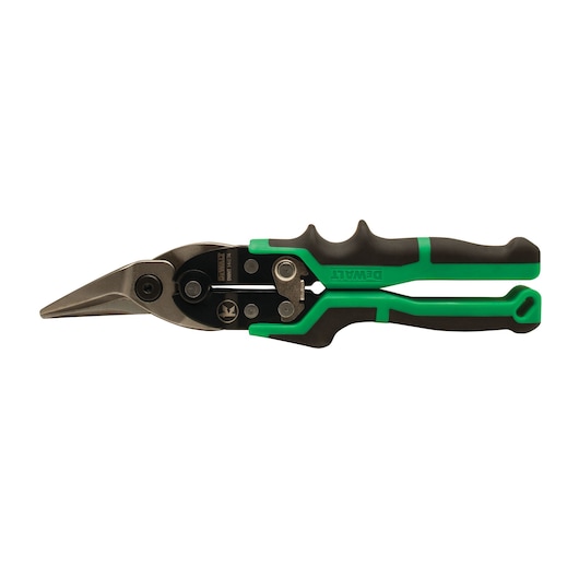 DEWALT aviation snips with green and black ergonomic handles and a sharp metal cutting blade, designed for cutting sheet metal.