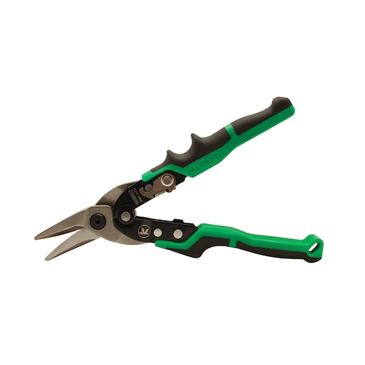 DEWALT green and black aviation snips with ergonomic handle for cutting sheet materials.