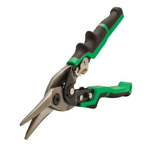 DEWALT aviation snips with green and black ergonomic handle for cutting sheet metal.