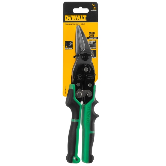 DEWALT aviation snips DWHT14674-0 in packaging, black and green handle, used for cutting metal sheets.