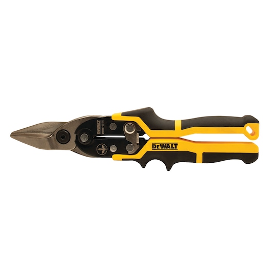 A DEWALT hand tool, specifically a pair of aviation snips with black and yellow ergonomic handles and a steel cutting blade, used for cutting sheet metal.