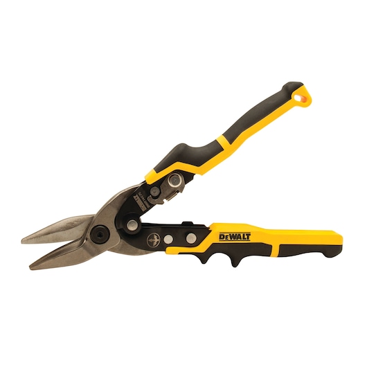 DEWALT metal snips with yellow and black handle, angled blades, used for cutting sheet materials.