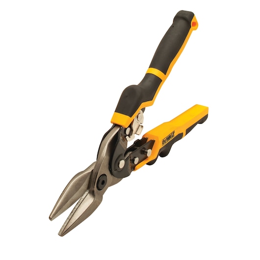 DEWALT aviation snips with black and yellow handle, used for cutting sheet metal or similar materials.