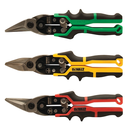 Three DEWALT aviation snips with ergonomic handles, shown from left side. The handles are colored green, yellow, and red with black, and each tool is designed for different types of metal cutting.