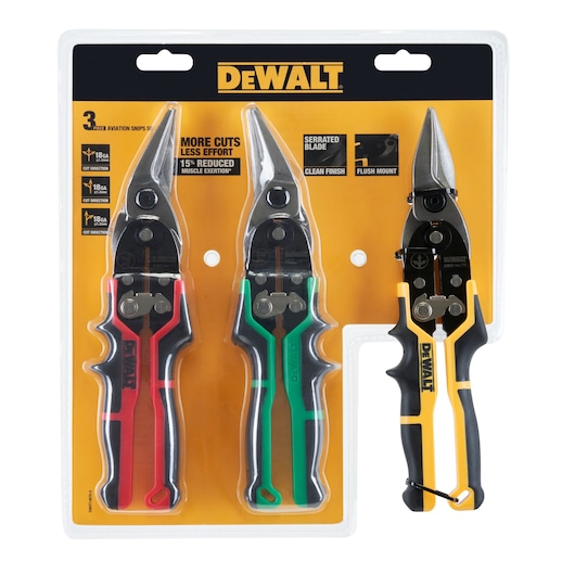 DEWALT DWHT14676-0 set with three aviation snips in red, green, and yellow handles, in retail packaging.
