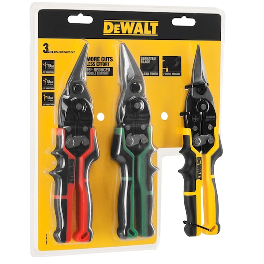 DEWALT aviation snips set with three metal cutting tools in black, red, green, and yellow packaging.