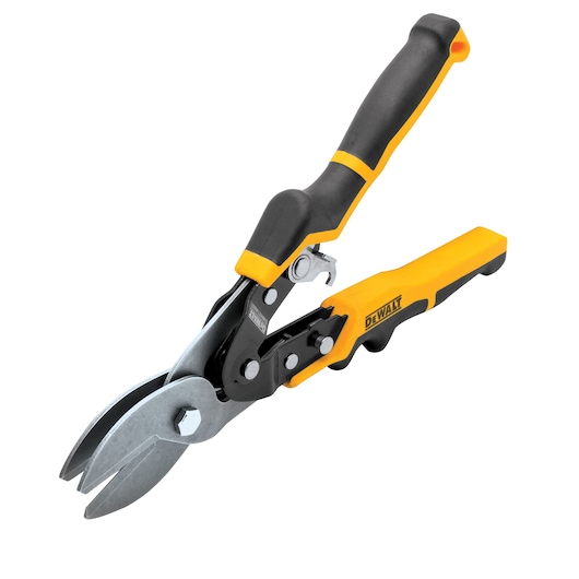 DEWALT metal cutting snips with black and yellow ergonomic handles on a white background.