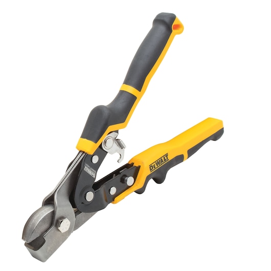 DEWALT sheet metal snips with yellow and black handle, used for cutting metal or other materials.