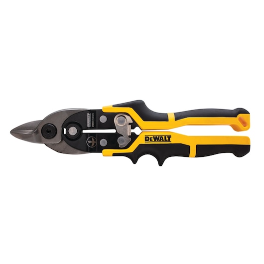 A pair of DEWALT aviation snips with black and yellow ergonomic handles, designed for cutting sheet metal. The tool features a sturdy steel blade and a safety latch near the handles.