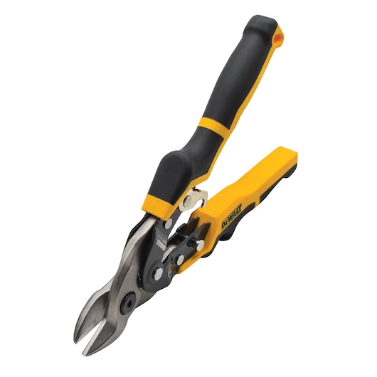Yellow and black DEWALT aviation snips with ergonomic handle for cutting metal sheets.