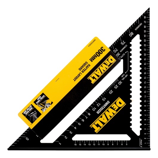 A DEWALT 300mm rafter layout square, black with white measurement markings and yellow branding, used for accurate woodworking and construction measurements.