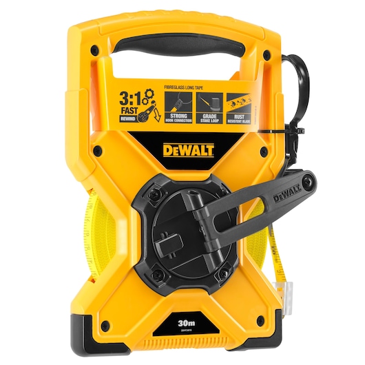 DEWALT 30m fiberglass long tape measure with handle and crank, yellow and black, model DWHT34218-0.
