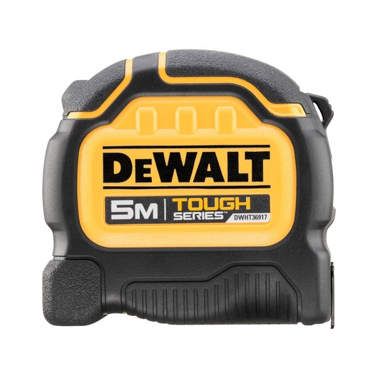 A DEWALT DWHT36917-0 Tough Series 5 meter tape measure with a yellow and black casing, showing the DEWALT logo and product details on the front.