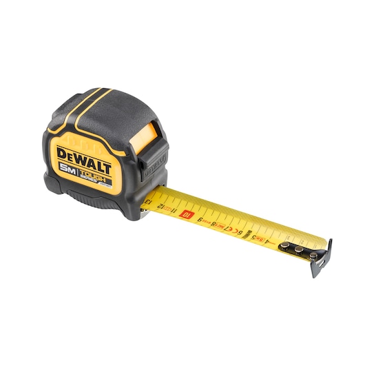 A DEWALT branded 5 meter yellow and black tape measure with its measuring tape extended. The casing is sturdy and features the Tough Series branding.