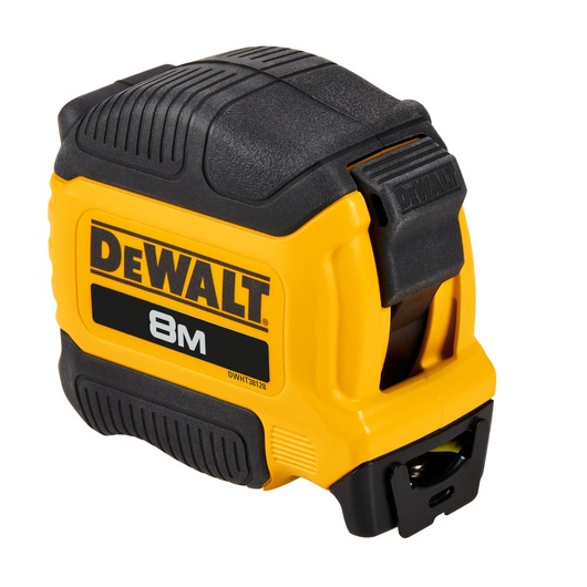 A yellow and black DEWALT 8 meter tape measure, model DWHT38128-0, designed for measuring lengths.