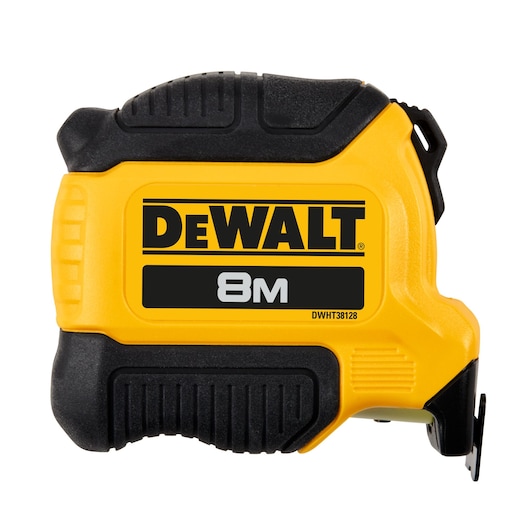 A DEWALT branded yellow and black 8 meter tape measure with a sturdy casing, model DWHT38128.