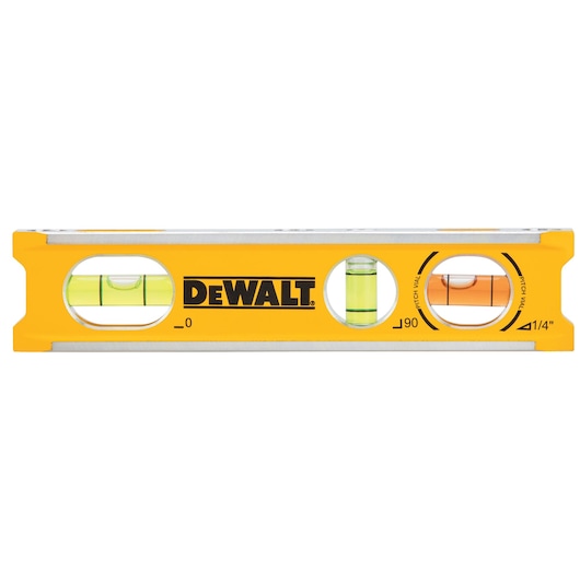 Front view of a yellow DEWALT spirit level with three bubble vials for measuring horizontal, vertical, and pitch angles. The DEWALT logo is printed in black on the center.