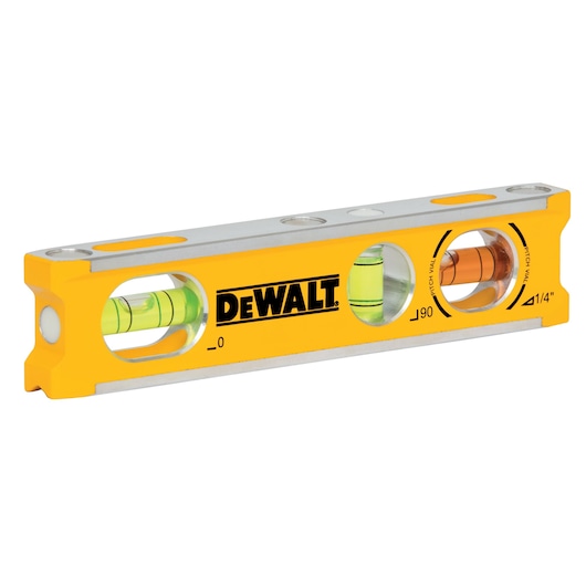 Yellow DEWALT spirit level with three vials for measuring angles. Compact, durable design.