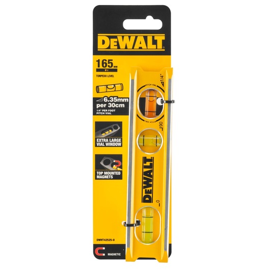 DEWALT 165mm torpedo level in yellow packaging with magnets and large vial windows.