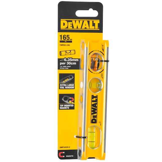 DEWALT 165mm torpedo level with magnetic base, extra large vial window, in yellow and black packaging.