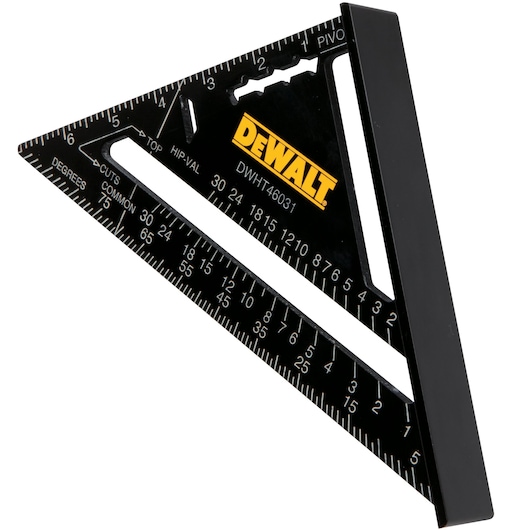 DEWALT DWHT46031-0 black triangular rafter square with yellow logo and measurement markings.