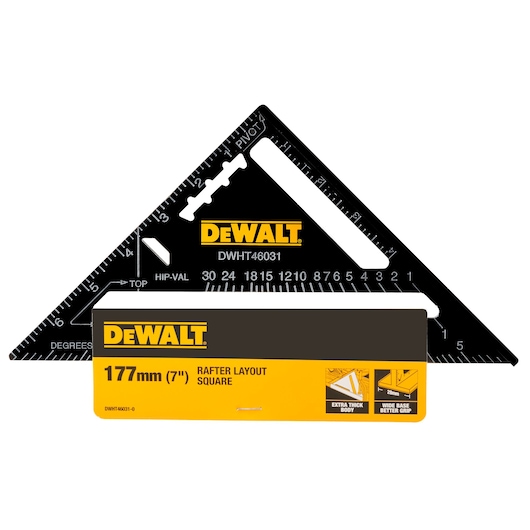 DEWALT 177mm rafter layout square DWHT46031-0, black metal tool for measurement and marking.