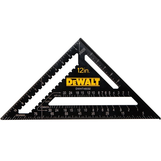 A DEWALT branded 12-inch black triangular carpenter's square, model DWHT46032-0, featuring measurement markings and scales along its edges and interior for angles and cuts.