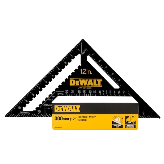 DEWALT 300mm rafter layout square, black triangular tool with yellow branding and ruler markings.