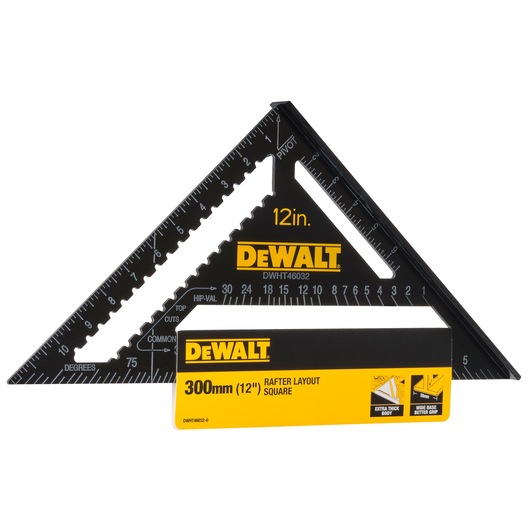 DEWALT 12-inch rafter layout square with measurement markings and yellow product label.