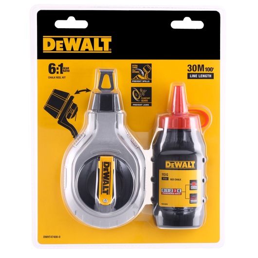 DEWALT chalk reel kit with reel and red chalk bottle, 30m line length, in yellow and black package.