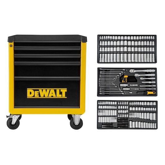 DEWALT tool chest with wheels and three trays of assorted sockets and tools displayed beside it.