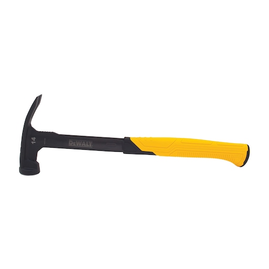A DEWALT claw hammer with a black head and shaft, and a yellow ergonomic handle, shown on a white background.