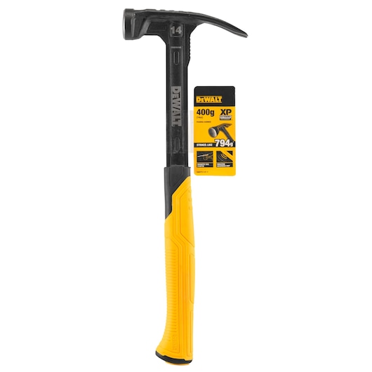 DEWALT claw hammer with yellow handle and product tag showing weight and features.