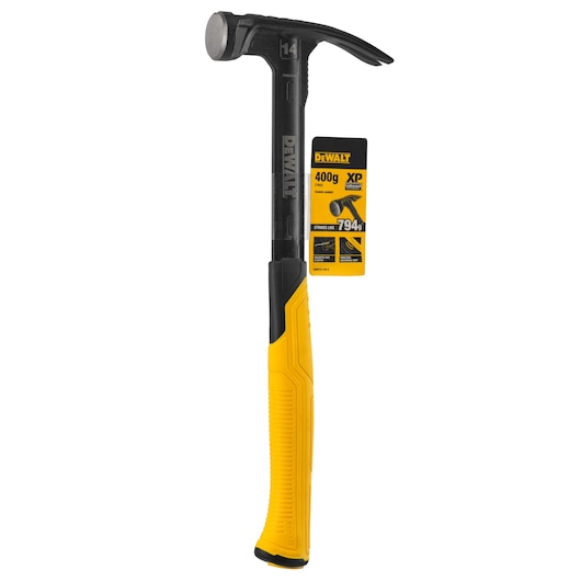 DEWALT hammer with yellow and black handle, product label attached, shown on a white background.