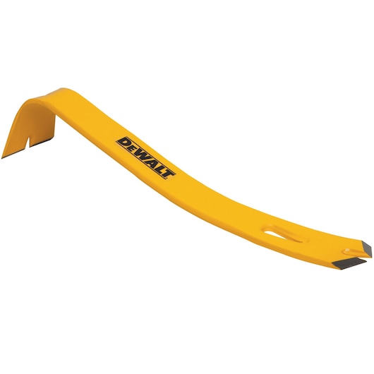 Yellow DEWALT pry bar tool with angled ends for demolition or nail removal, isolated on white background.