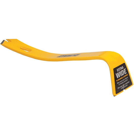 Yellow DEWALT extra wide pry bar with flat ends, designed for demolition and leverage tasks.